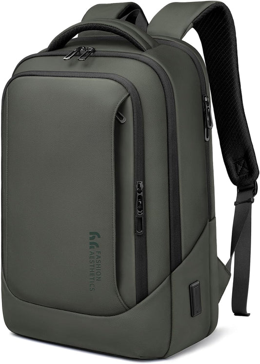 hk Laptop Backpack for Men with USB Charging Port Water-Resistant for 15.6 Inch Computer Bag Durable High-Tech Daypack Casual Backpack for Business Work College Weekender Travel- Green