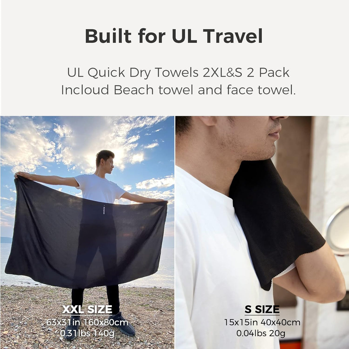 Ultralight Quick Dry Towel, Extra Large&Small 2 Pack Microfiber Towels with Compact Packable Pocket for Lightweight Backpacking Travel Beach Gym Camping & Swimming Sports(Blue 2 Set)
