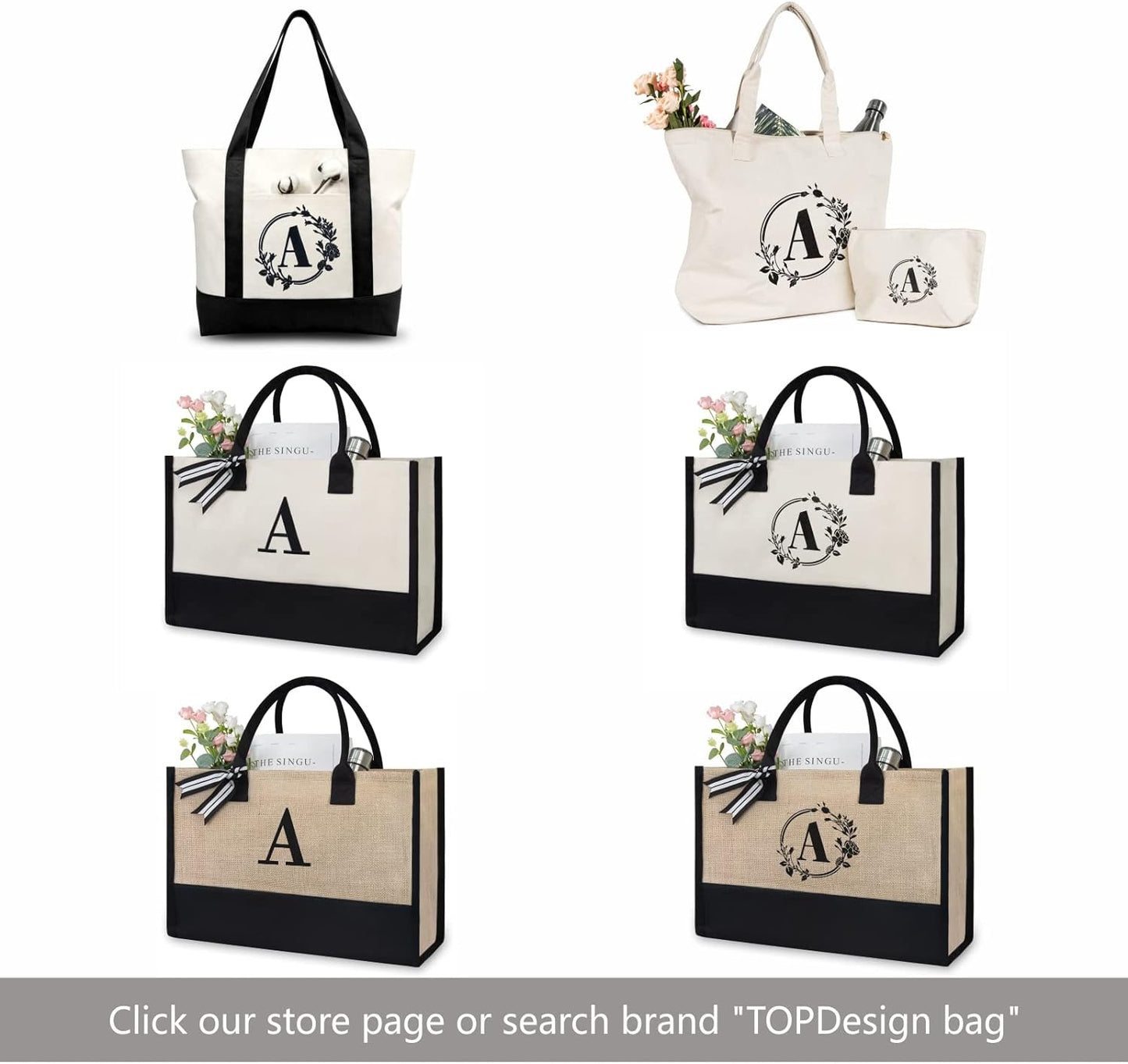 TOPDesign Initial Jute/Canvas Tote Bag, Personalized Present Bag, Suitable for Wedding, Birthday, Beach, Holiday, is a Great Gift for Women, Mom, Teachers, Friends, Bridesmaids (Letter F)