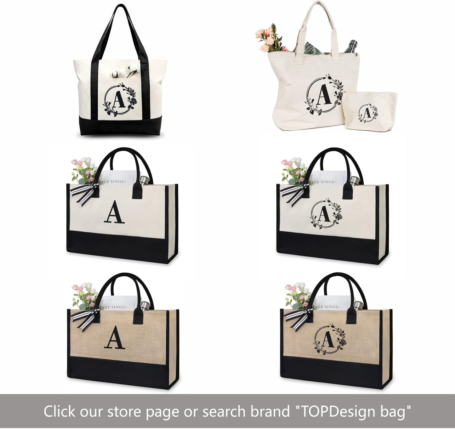 TOPDesign Initial Jute/Canvas Tote Bag, Personalized Present Bag, Suitable for Wedding, Birthday, Beach, Holiday, is a Great Gift for Women, Mom, Teachers, Friends, Bridesmaids (Letter J)