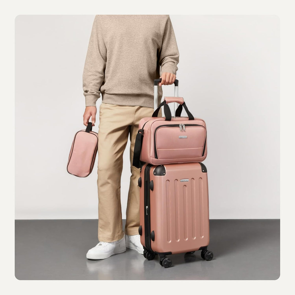 Amazon Basics 3-Piece Luggage Set, Including Carry-On Luggage (22" Expandable Hardside Suitcase With 8 Spinner Wheels), 15" Tote Bag, and 10" Compact Travel Bag, Rose Gold