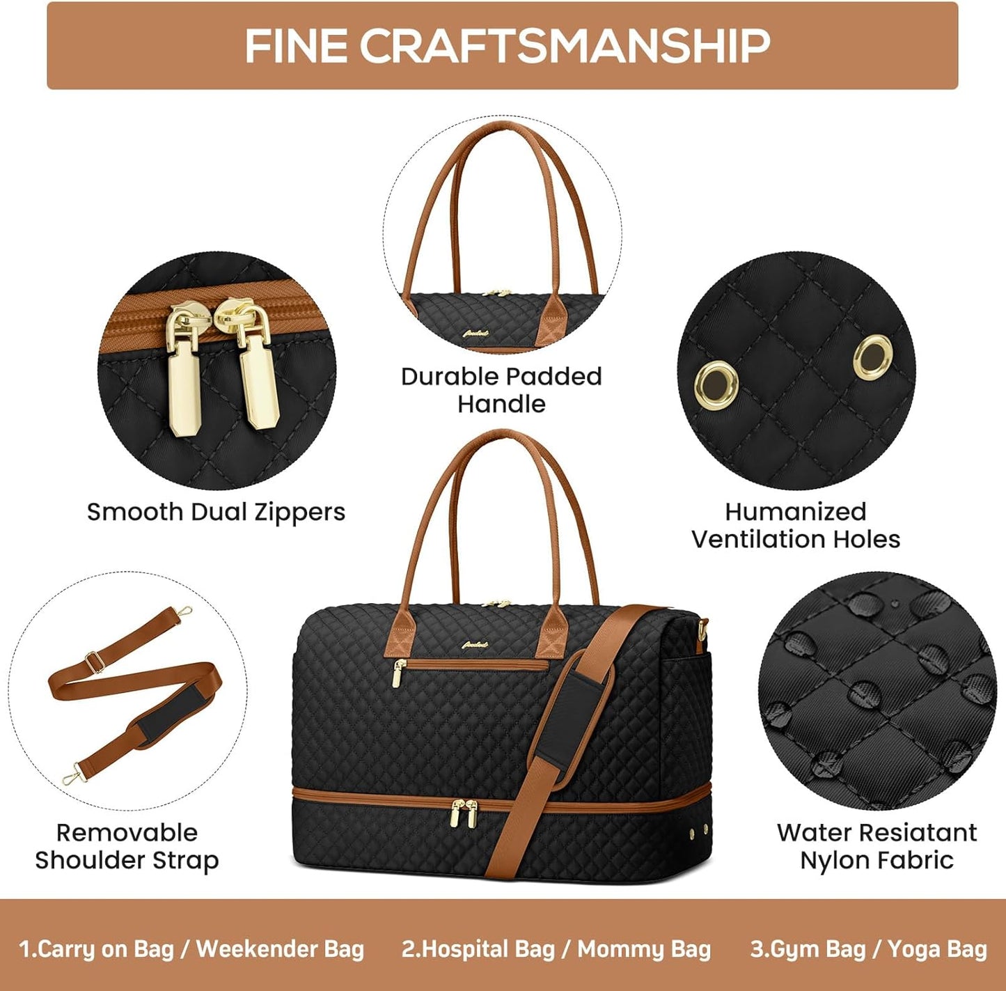 Travel Bag Weekender Bags for Women - Carry on Overnight Bag with Shoe Compartment Duffle Bag with Laptop Pocket Hospital Bag for Labor Delivery Gym Tote Bag with Toiletry Bag Black Brown