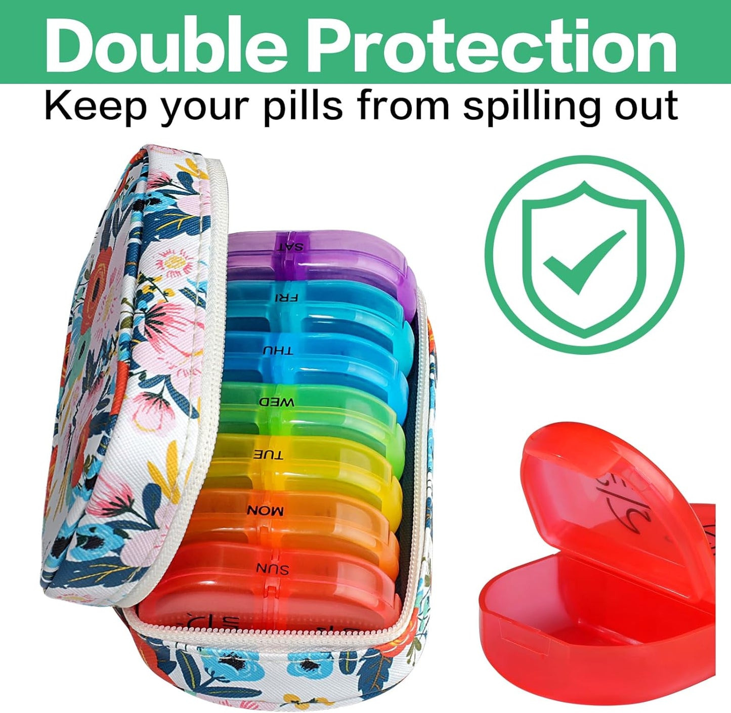 Serfeymi Weekly Travel Pill Organizer 2 Times A Day AM PM Upgraded Rainbow Pill Box 7 Day with Portable Zipper PU Leather Pill Case, Medicine Organizer for Pills, Vitamins, Fish Oils - Floral 03