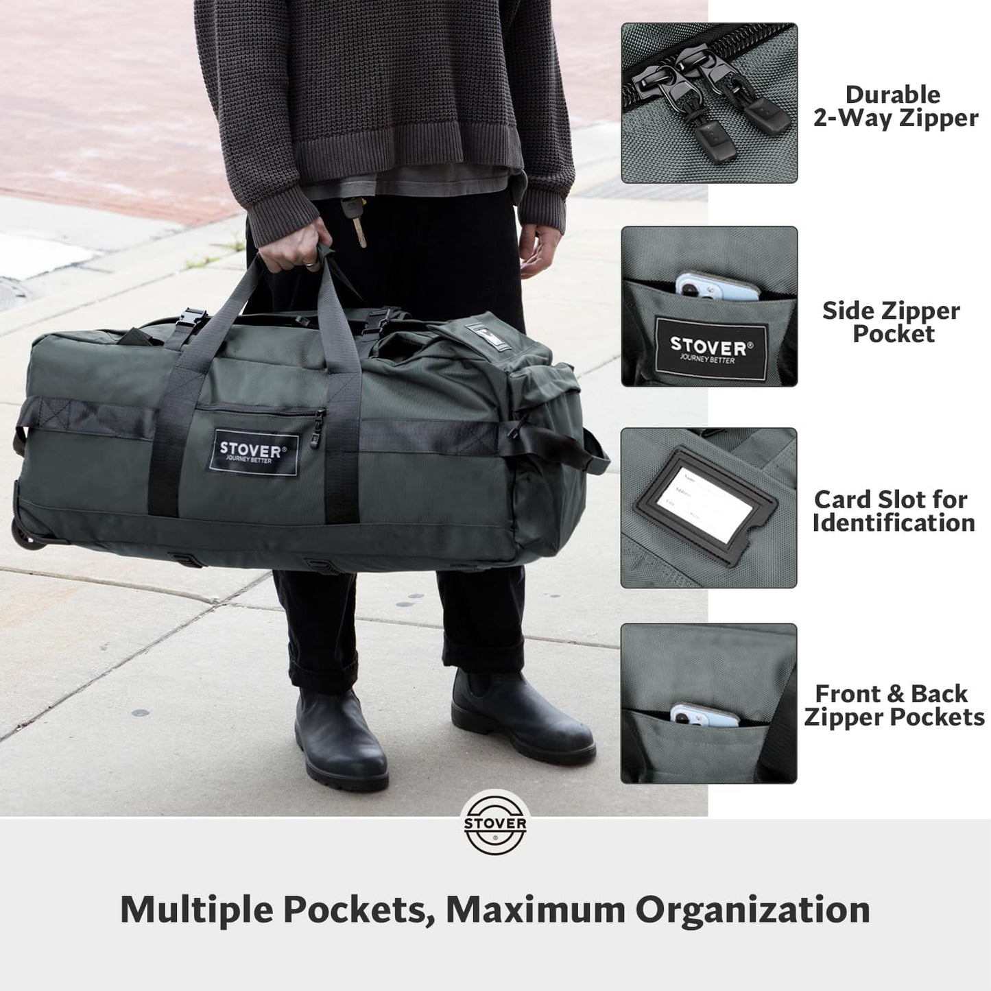 STOVER 80L Rolling Duffel Bag with Wheels, Extra Large 31 Inch Durable Travel Duffle Bag- Rugged, Collapsible, Rollable Design w/Shoulder Straps- Use as Luggage or Backpack for Men/Women (Grey)