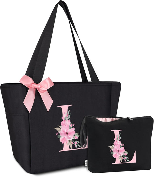 Vavabox Tote Bag, A-Z Initial Monogrammed Waterproof Tote Bag, Bridesmaid Gifts for Women, Black and Pink