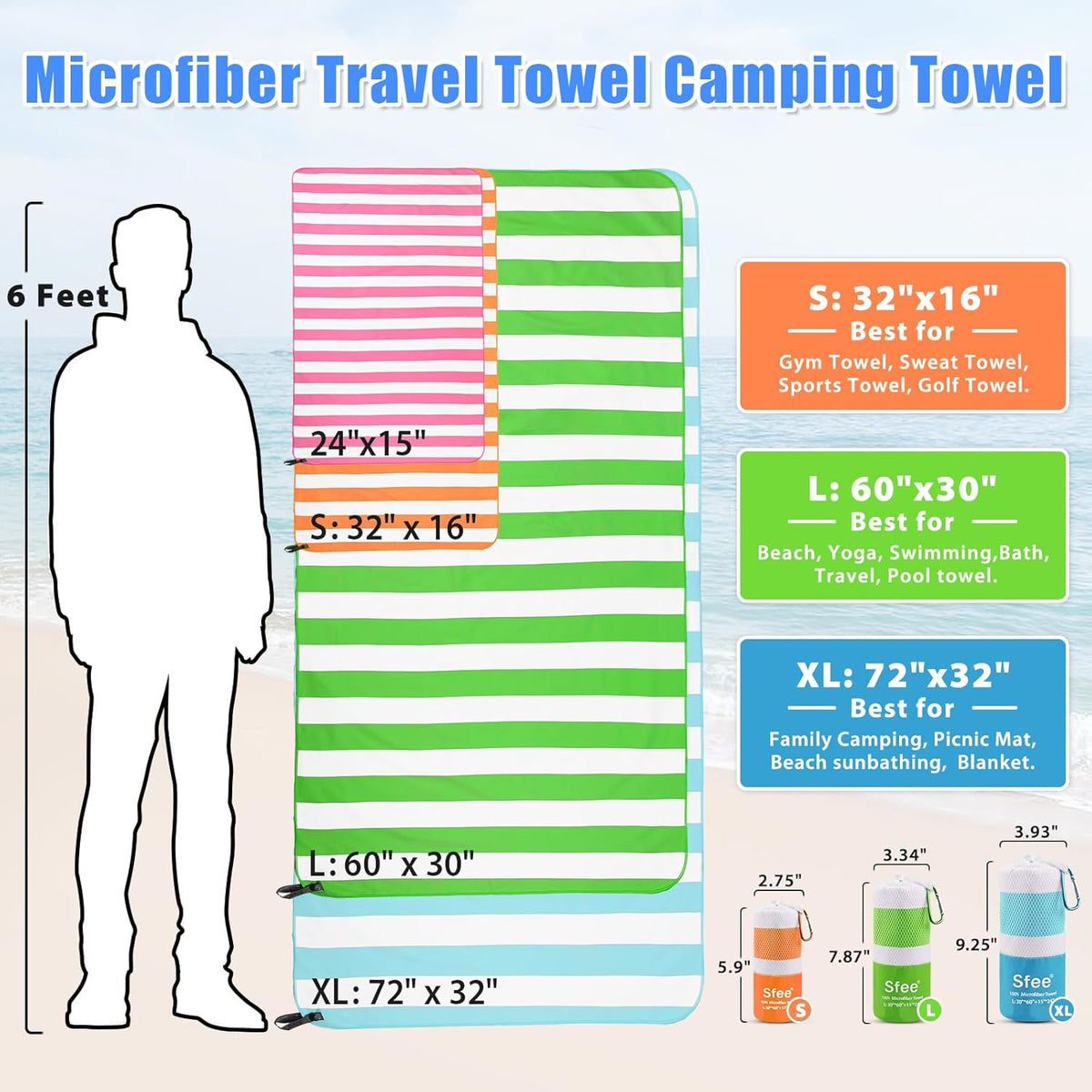 Sfee 2 in 1 Microfiber Beach Towel, Quick Dry Towel Camping Towel Travel Towel Super Absorbent Compact Lightweight Sports Gym Towels Set for Beach, Gym, Hiking, Pool, Backpacking, Bath, Yoga