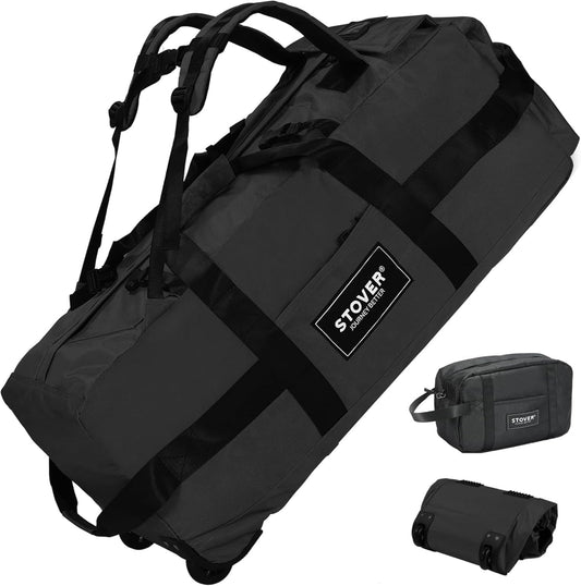 STOVER 80L Rolling Duffel Bag with Wheels, Large 31 Inch Durable Travel Duffle + Toiletry Bag, Heavy Duty, Packable, Foldable w/Shoulder Straps- Use as Luggage or Backpack, Men/Women (Black)