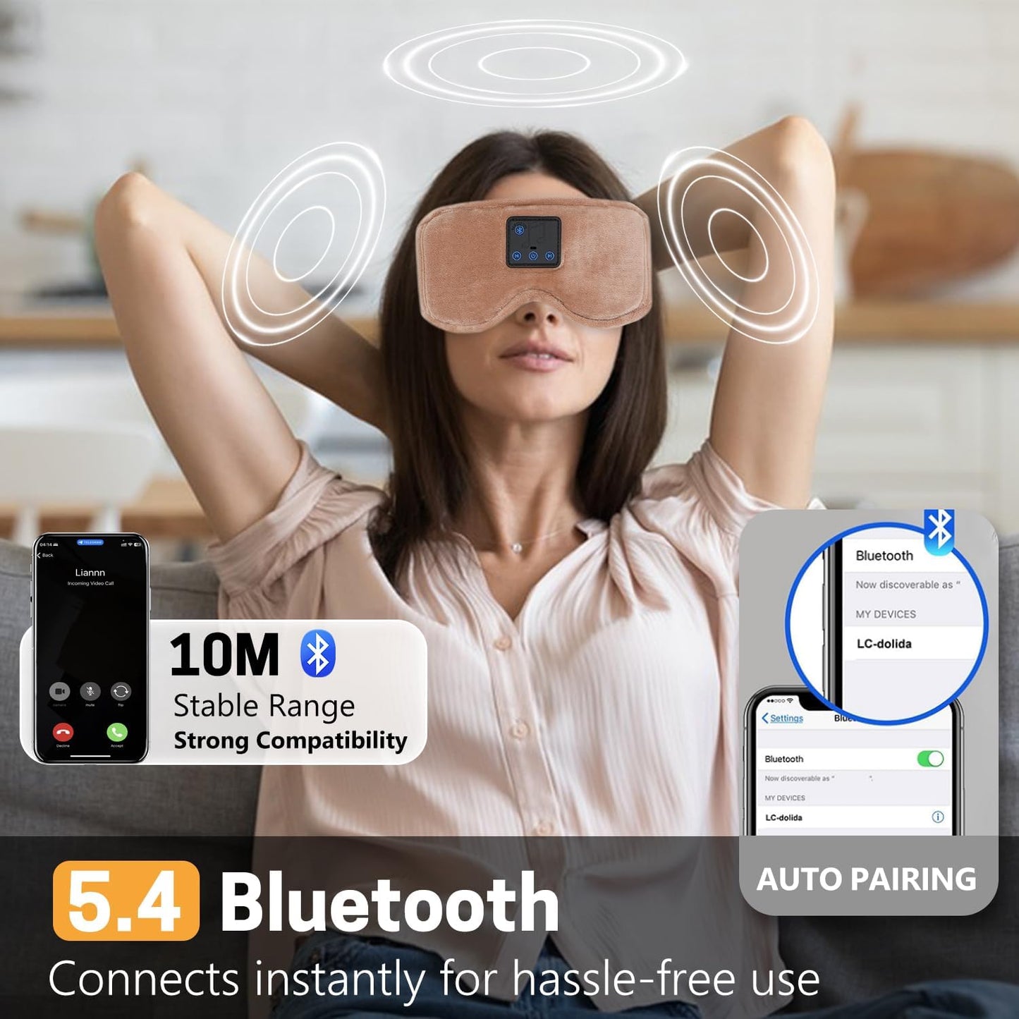 Sleep Mask with Bluetooth Headphones 3D Contour Sleeping Headphones 5.4 Wireless Bluetooth, Ultra-Thin Stereo Speakers Blackout Eye Masks for Men Women Travel Sleep