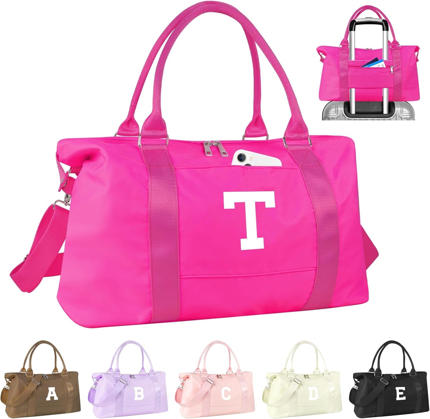 Overnight Bag for Kids Teen Girls Weekender Dance Bag Birthday Graduation Gifts,Initial Travel Duffel Bag Sports Gym Bag Personalized Weekender Bag Carry On Bags Preppy Gifts for Women(Hot Pink, T)