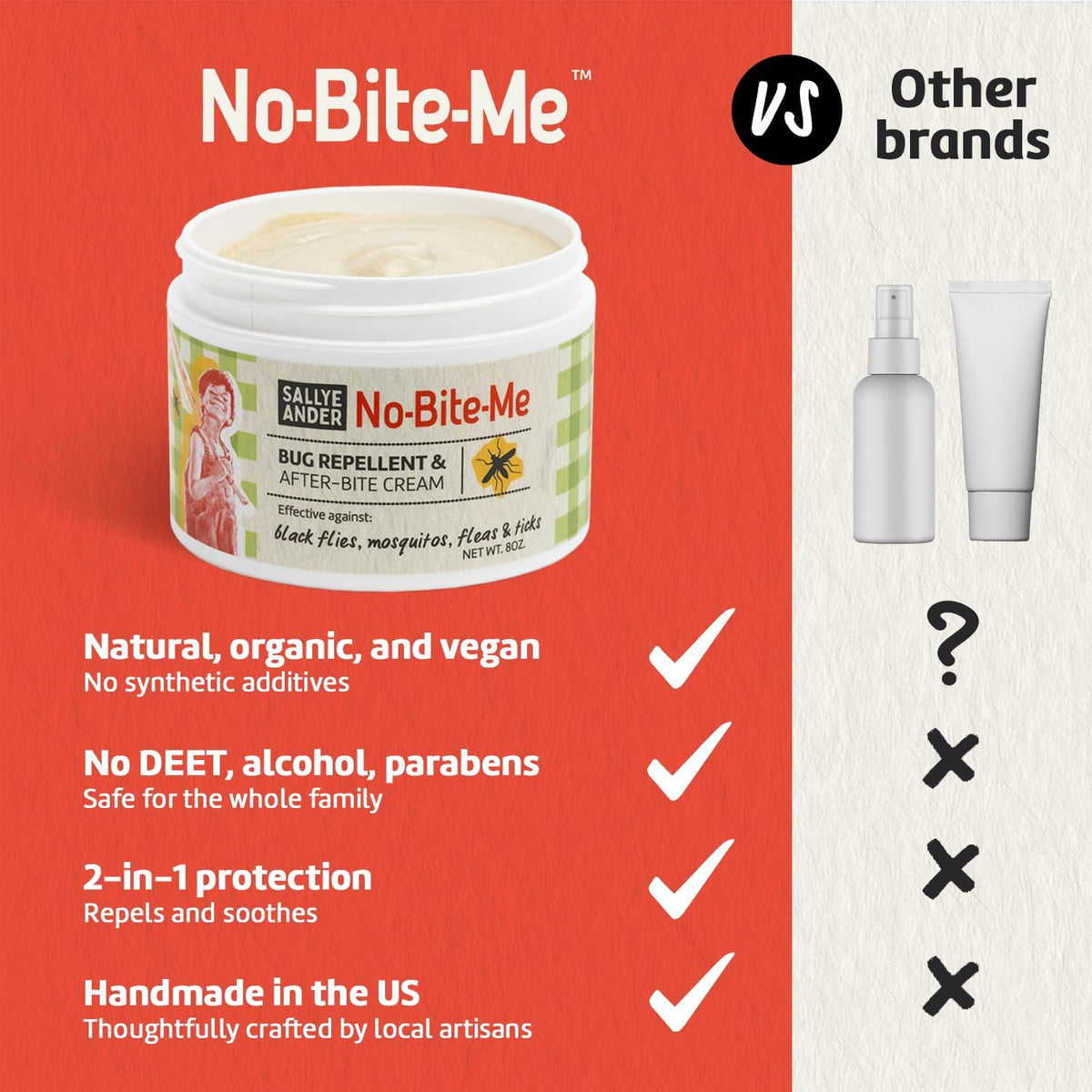 SALLYEANDER No Bite Me All-Natural Bug & Insect Repellent - Anti Itch Cream - 8 oz - Safe for Kids and Infants - Repels Mosquitoes, Black Flies, Fleas, and Ticks