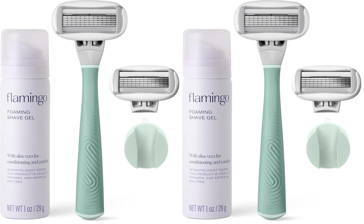 FLAMINGO 5-Blade Razors for Women - 1 Razor Handle + 1oz Foaming Shave Gel + 1 Shower Holder - Sage (Pack of 2)