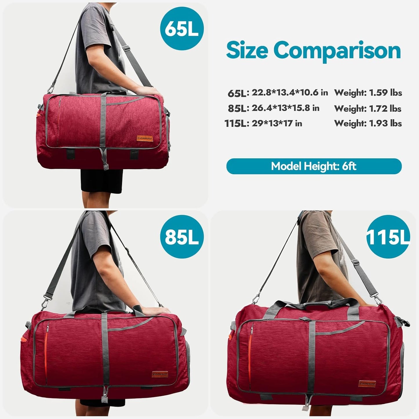 Canway 65L Travel Duffel Bag, Foldable Weekender Bag with Shoes Compartment for Men Women Water-proof & Tear Resistant