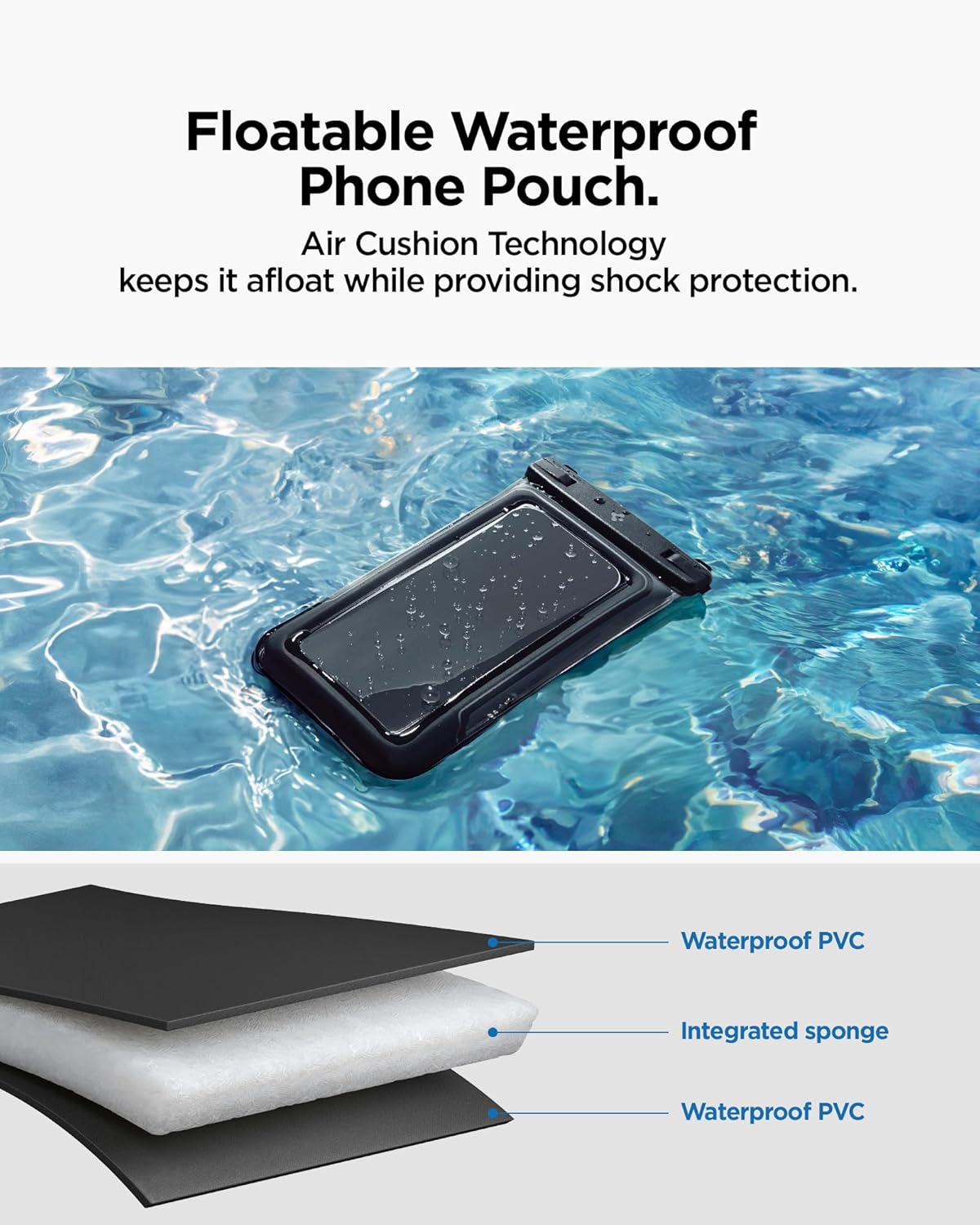 Spigen Aqua Shield 2 Pack Floating Waterproof Phone Pouch A611P for All Phones with Detachable Lanyard, Travel Essentials for Outdoors Activities, Kayak/Cruise/Beach - Black