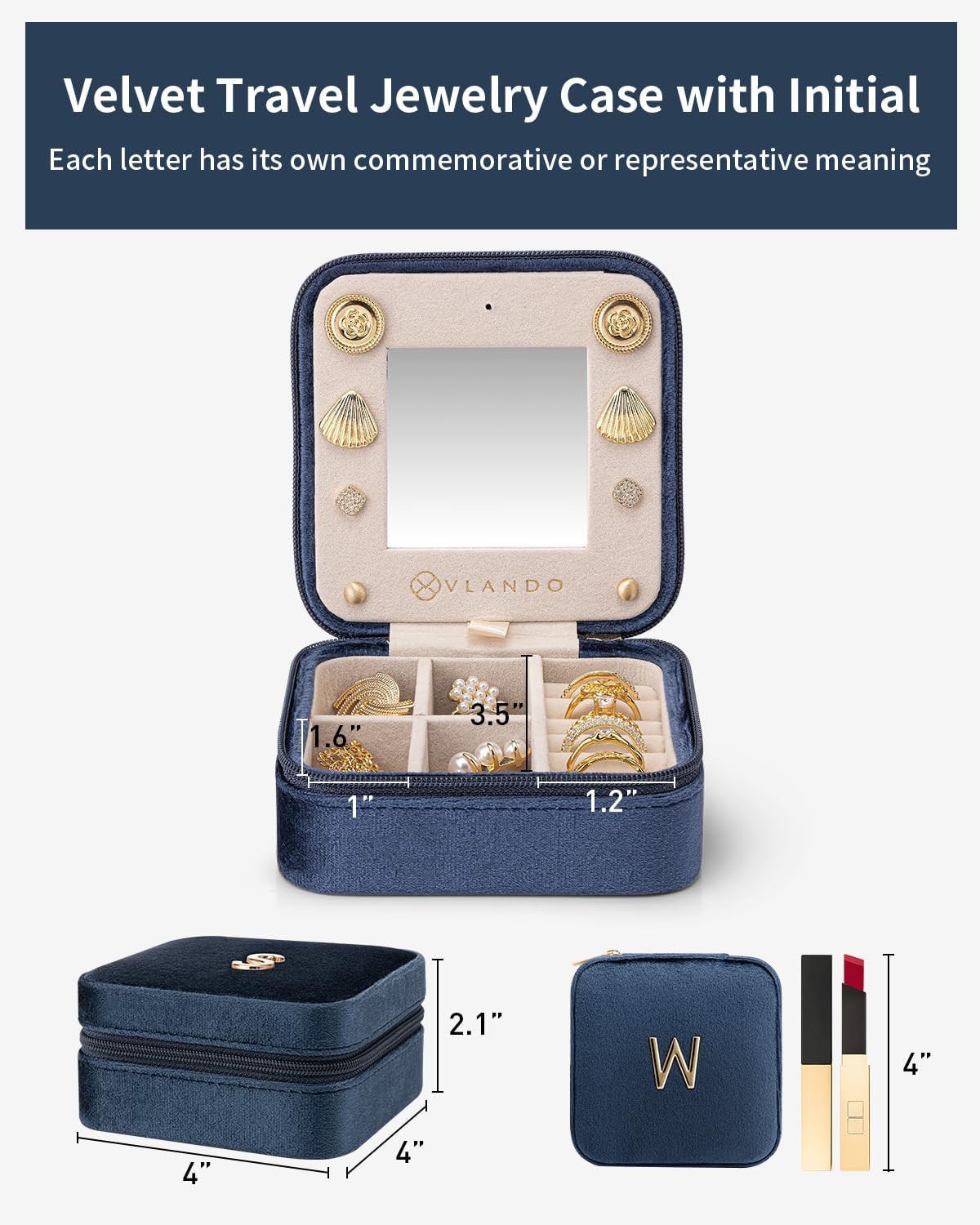 Vlando W Initial Jewelry Box, Women Travel Gifts - Dark Blue