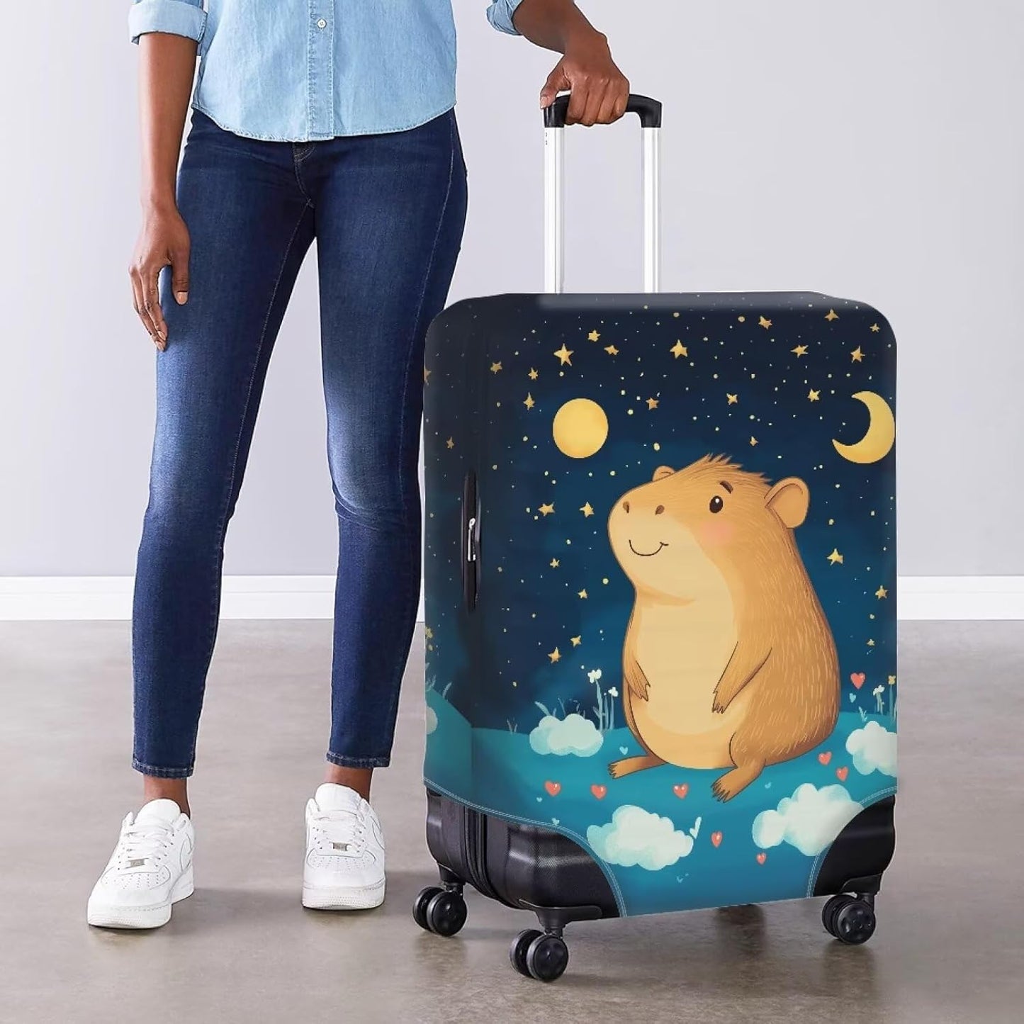 Capybara Suitcase Cover Cute Luggage Cover Protector Invisible Zipper Closure Travel Luggage Protector Fit 18-21 Inch Anti-Scratch Stretchable Suitcase Protector, Moon and Star