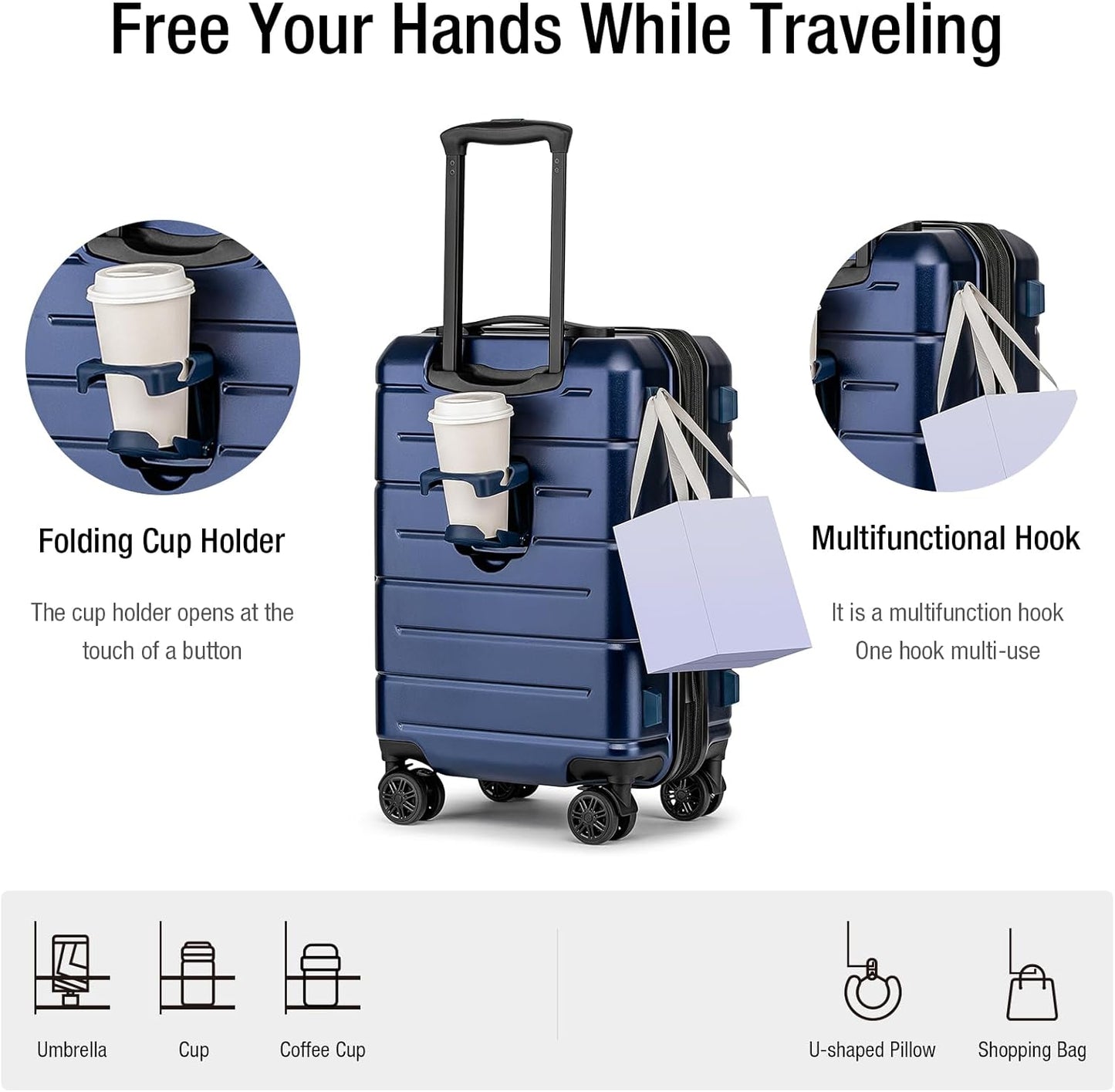 KYME Hardside Expandable Carry On Luggage 22x14x9 Airline Approved 20 Inch Hardshell Carry On Suitcase with Wheels TSA Lock Small Travel Rolling Luggage with Cup Holder for Women Men Navy