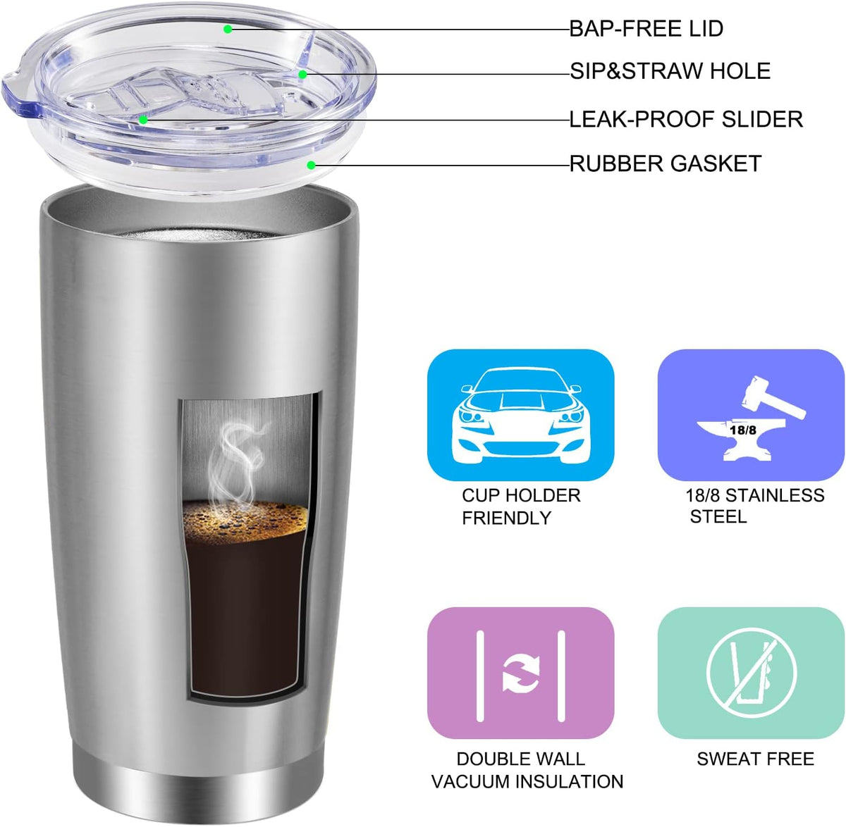 VEGOND 20oz Tumbler with Lid and Straw Stainless Steel Tumbler Cup Bulk Vacuum Insulated Double Wall Travel Coffee Mug Powder Coated Coffee Cup(Stainless 6 Pack