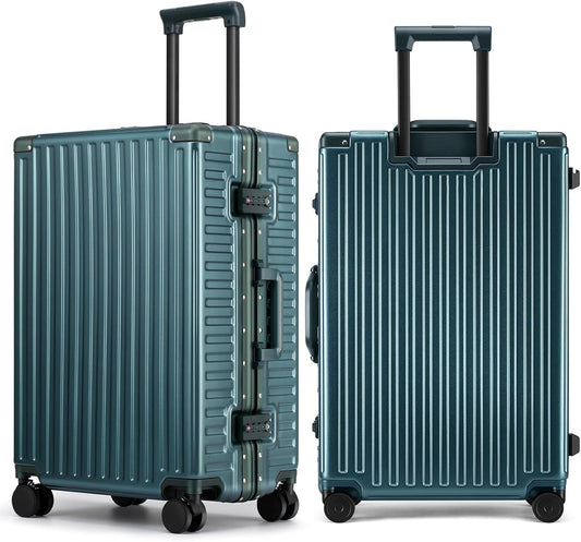 ROAMING Zipperless Luggage 24 Inch with Aluminum Frame, 3-Layer PC Trunk-Medium Lightweight Hard Shell Suitcase with Spinner Wheels, Metal Travel Luggage with Double TSA Locks, Dark Night Green