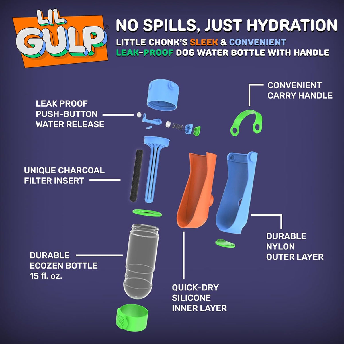 Lil Gulp Dog Water Bottle | Advanced Carbon Filtration for Safe Filtered Water on The Go | BPA-Free Leak-Proof Portable Dog Travel Water Bottle with Retractable Water Spout 15 Fl oz - Cotton Candy