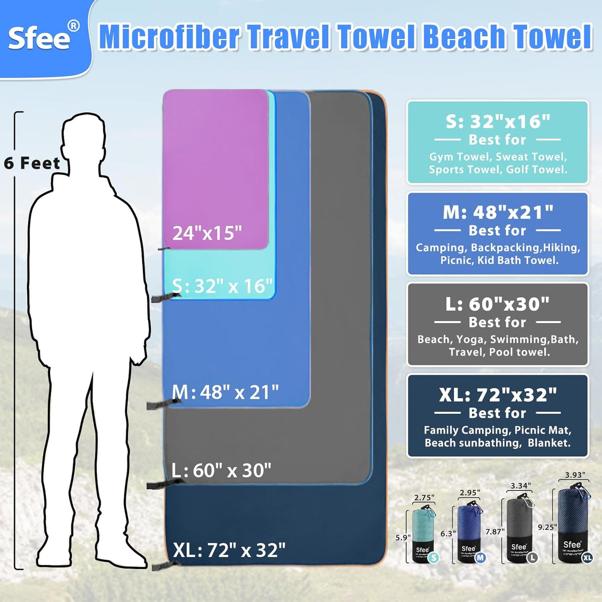 Sfee 2 Pack Microfiber Travel Towel, Quick Dry Towel Camping Towel Super Absorbent Compact Lightweight Sports Towel Swim Gym Towels Beach Towel Set for Gym, Hiking, Pool, Backpacking, Bath, Yoga