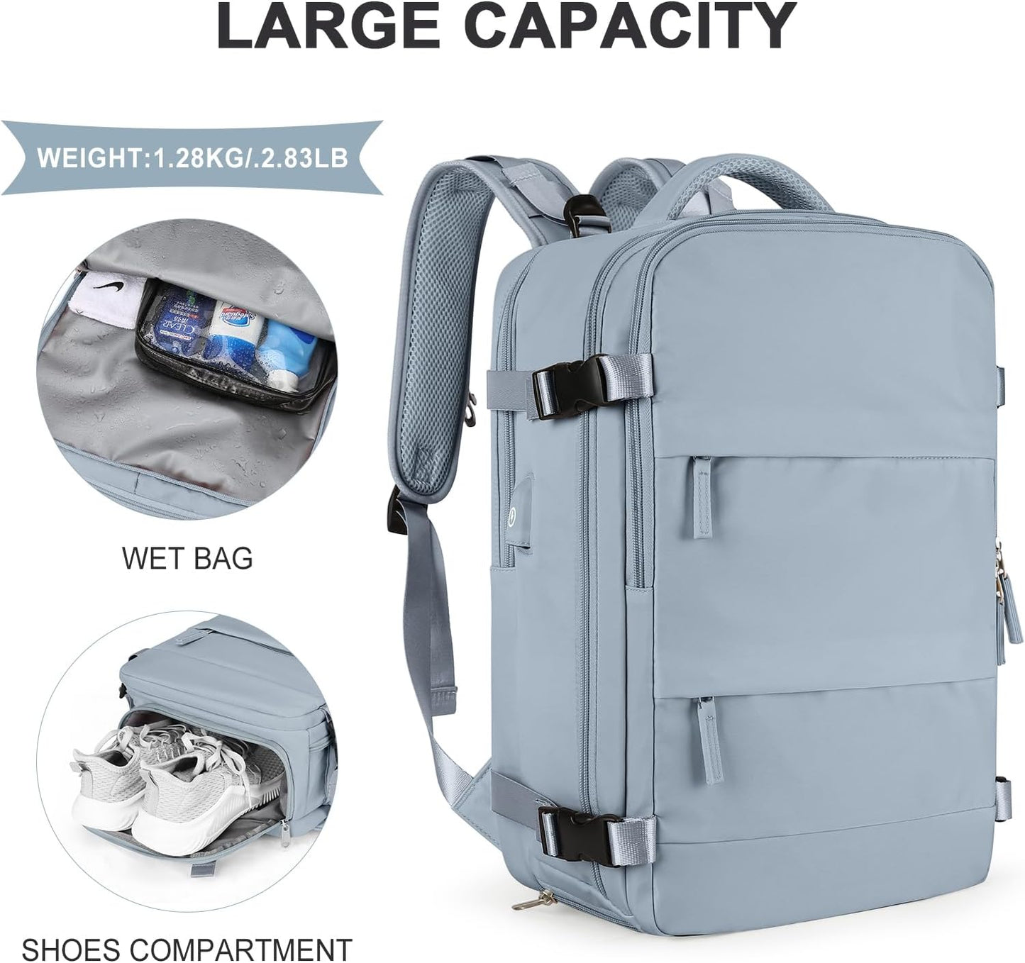 coowoz Large Travel Backpack For Women Men,Carry On Backpack Flight Approved,Hiking Backpack Waterproof Outdoor Rucksack Casual Daypack Fit 15.6 Inch Laptop Shoes Compartment (Gray Blue-L)