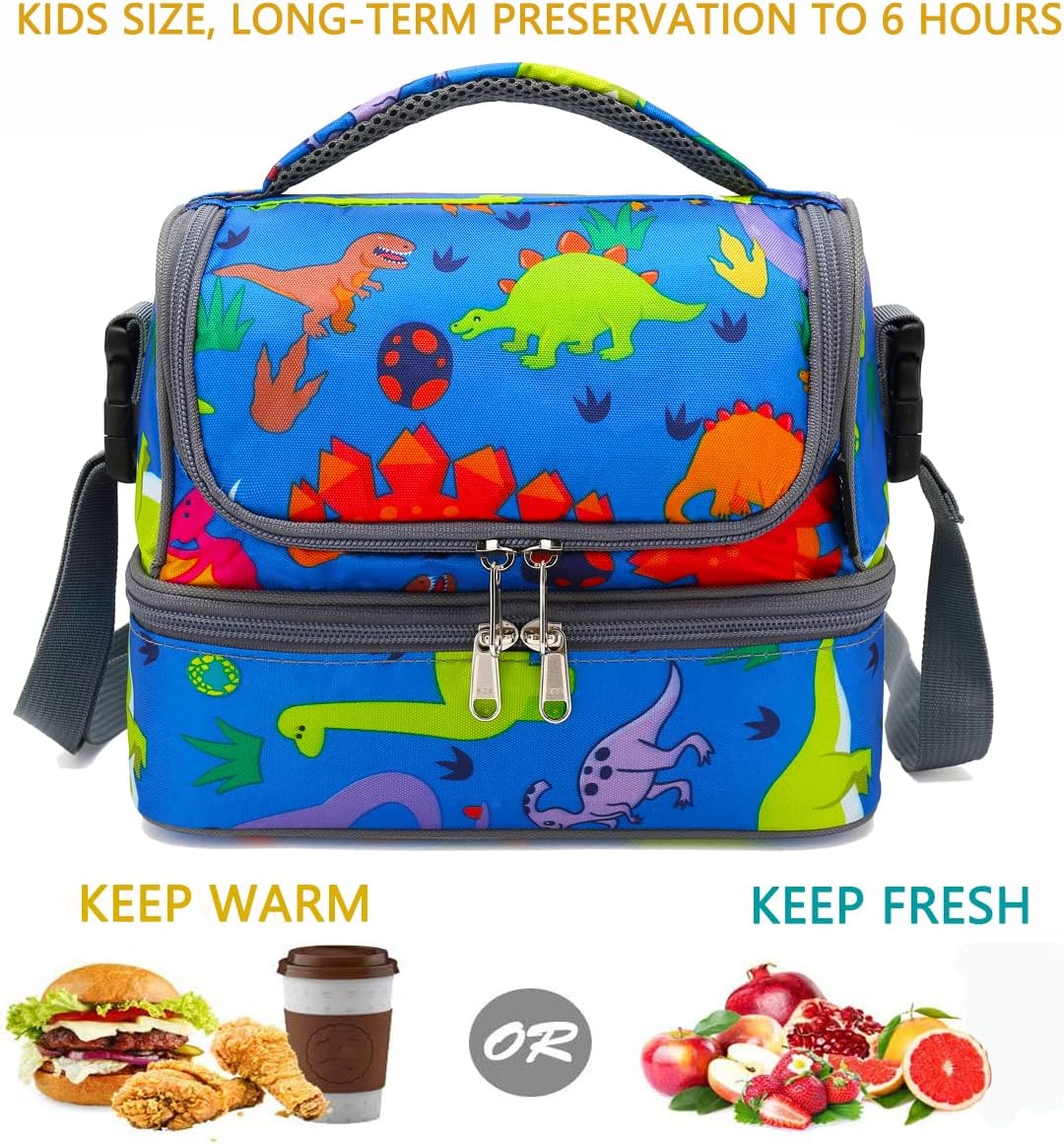 FlowFly Kids Double Decker Cooler Insulated Lunch Bag Large Tote for Boys, Girls, Men, Women, With Adjustable Strap, Dinosaur