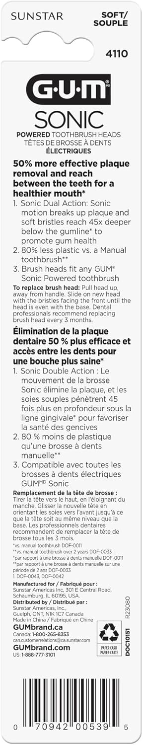 GUM Sonic Powered Toothbrush Refills, Tapered Bristles Clean Below The Gumline, Black 2ct. (Pack of 2)