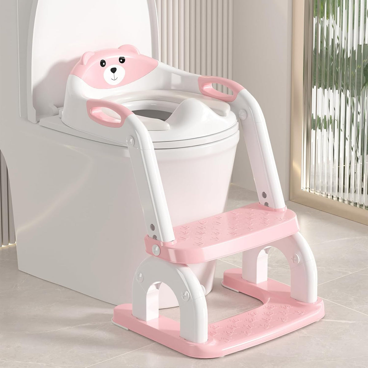 Potty Training Seat Upgraded 2-in-1 Potty Toilet for Kids Boys and Girls, Adjustable Step & Seat Height with Splash Guard Anti-Slip Pad Step Stool(White and Pink)