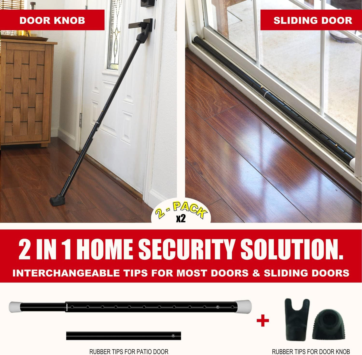 SECURITYMAN 2-in-1 Door Security Bar & Sliding Patio Door Security Bar (2 Pack) via Interchangeable Caps - Heavy Duty Iron Construction Door Stoppers Lock for Home, Apartment, Travel Hotel - Black