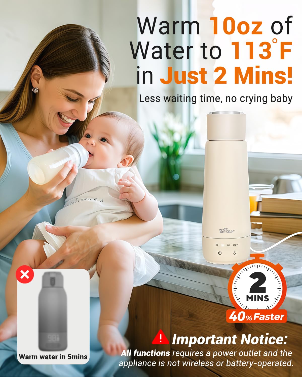 Bear Milk Warmer, Fast Water Warmer for Baby Formula with 10 Oz Large Capacity, Accurate 4 Temp Setting and Automaticlly Keep Warm, Portable Bottle Warmer(No Battery, 110V Only)
