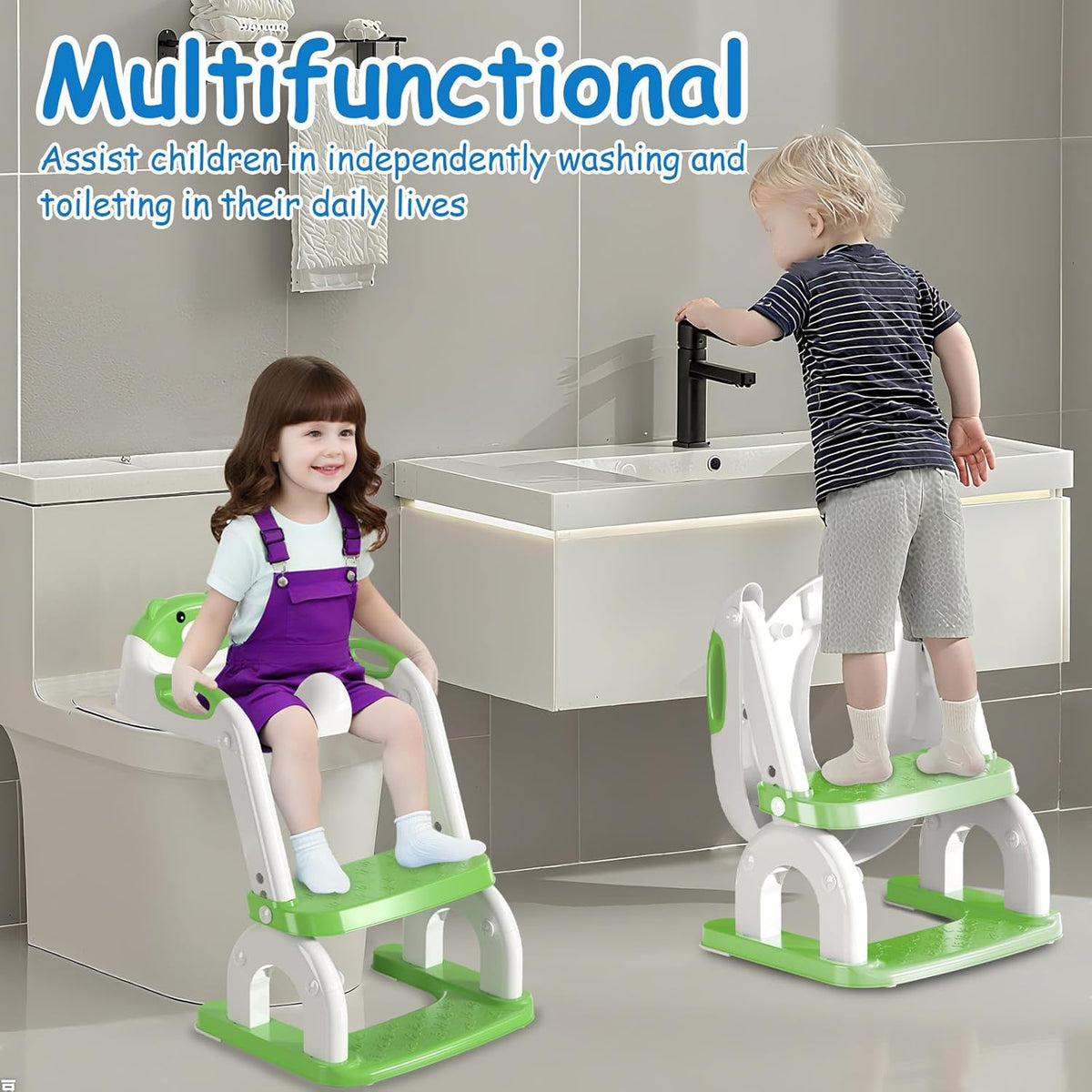 Potty Training Seat for Toddlers - Upgrade 2-in-1 Toilet Seat Toilet Ladder for Kids Children Boys Girls, Anti-Slip Pad & Adjustable Height with Waterproof PVC Cushion - Green