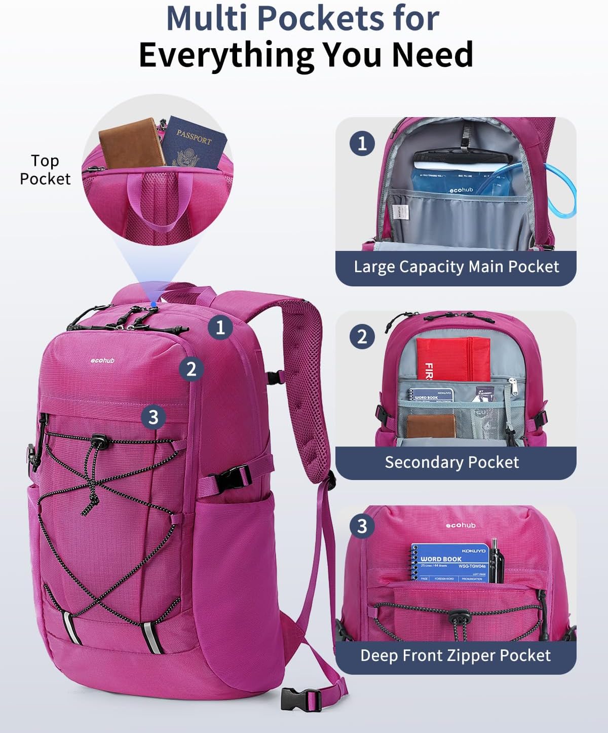 ECOHUB Hiking Backpack 30L Travel Backpack Lightweight Casual Daypack Water Resistant Camping Bag Outdoor Sports Back pack for Men Women