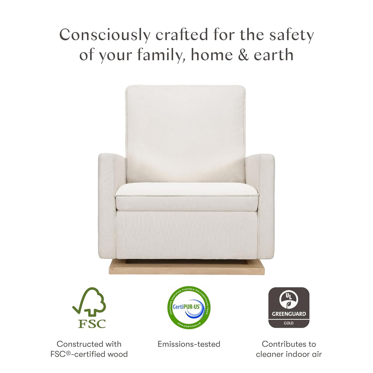 babyletto Cali Pillowback Chair and a Half Glider in Performance Cream Eco-Weave with Light Wood Base, Water Repellent & Stain Resistant, Greenguard Gold and CertiPUR-US Certified