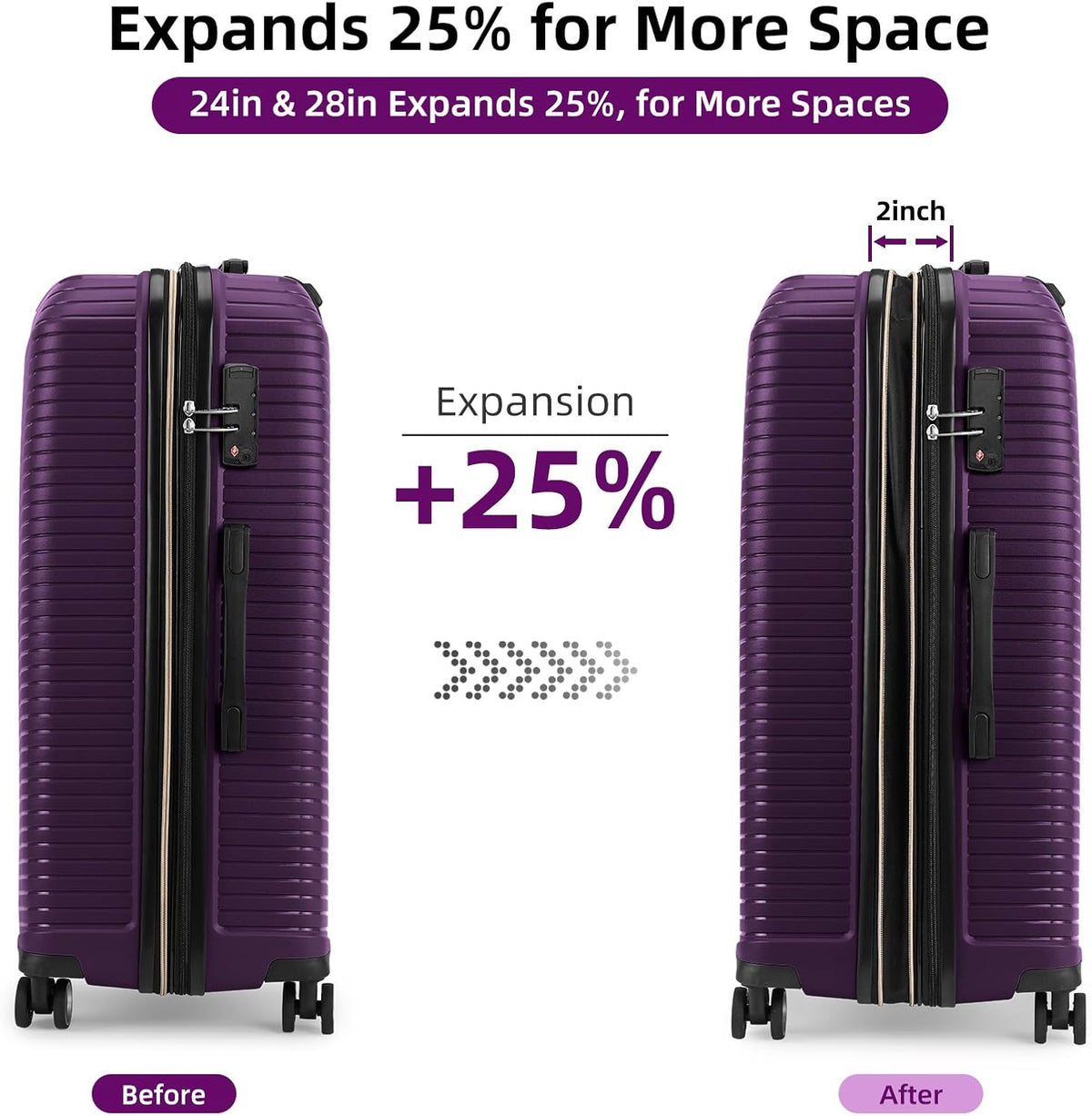 LEAVES KING LARVENDER Luggage Sets 5 Piece, Expandable(Only 24"&28") PP Suitcase with Spinner Wheels, Durable Luggage Sets Clearance Carry On Luggage Suitcase Set For Women Men, Purple