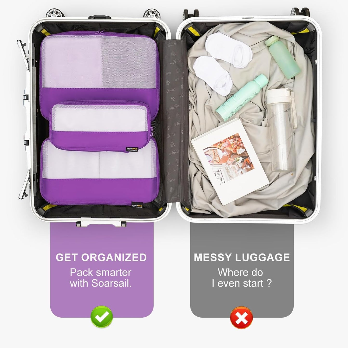 5 Set Compression Packing Cubes for Travel, Space Saving Luggage Organizer Bags (Bright Purple)