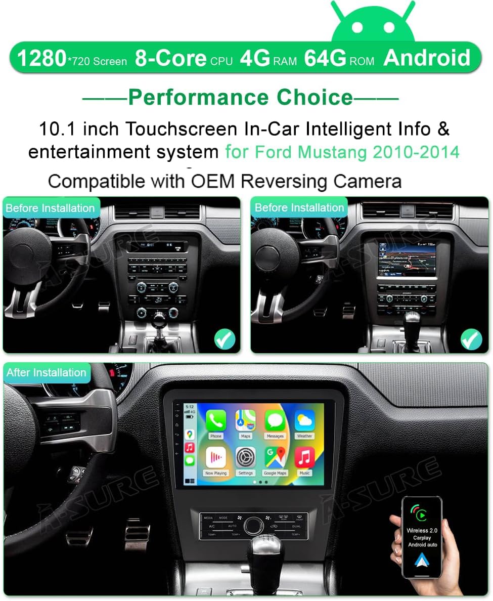 ASURE Car Stereo Radio Upgrade for Mustang 2010-2014,10.1 inch 8Core 4G+64G Android System GPS Navigation Head Unit with Wireless Carplay,Android Auto,1280x720 HD Touchscreen Multimedia Player