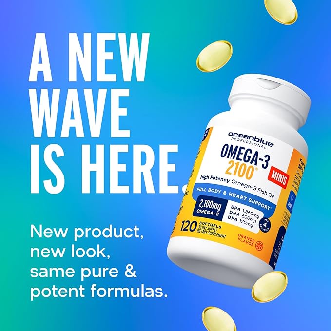Oceanblue Professional Omega-3 2100-120 ct - High-Potency Triple Strength Burpless Fish Oil with EPA, DHA & DPA - Wild Caught - Orange Flavor, 60 Servings (120 Mini Count (Pack of 1))