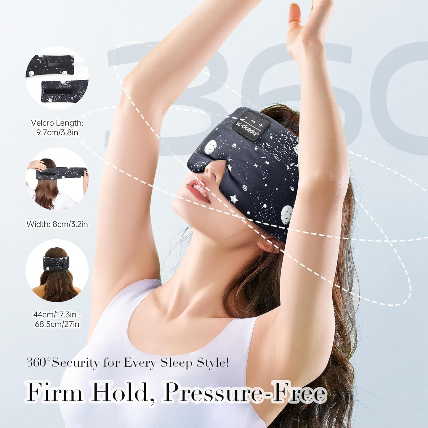 LC-dolida Sleep Mask with Bluetooth Headphones, Extra Large Silk Eye Mask for Sleeping Side Day Sleepers, Sleep Headphones Bluetooth 5.4 for Women Men with Thin Speaker, Blackout, Comfort, Microphone
