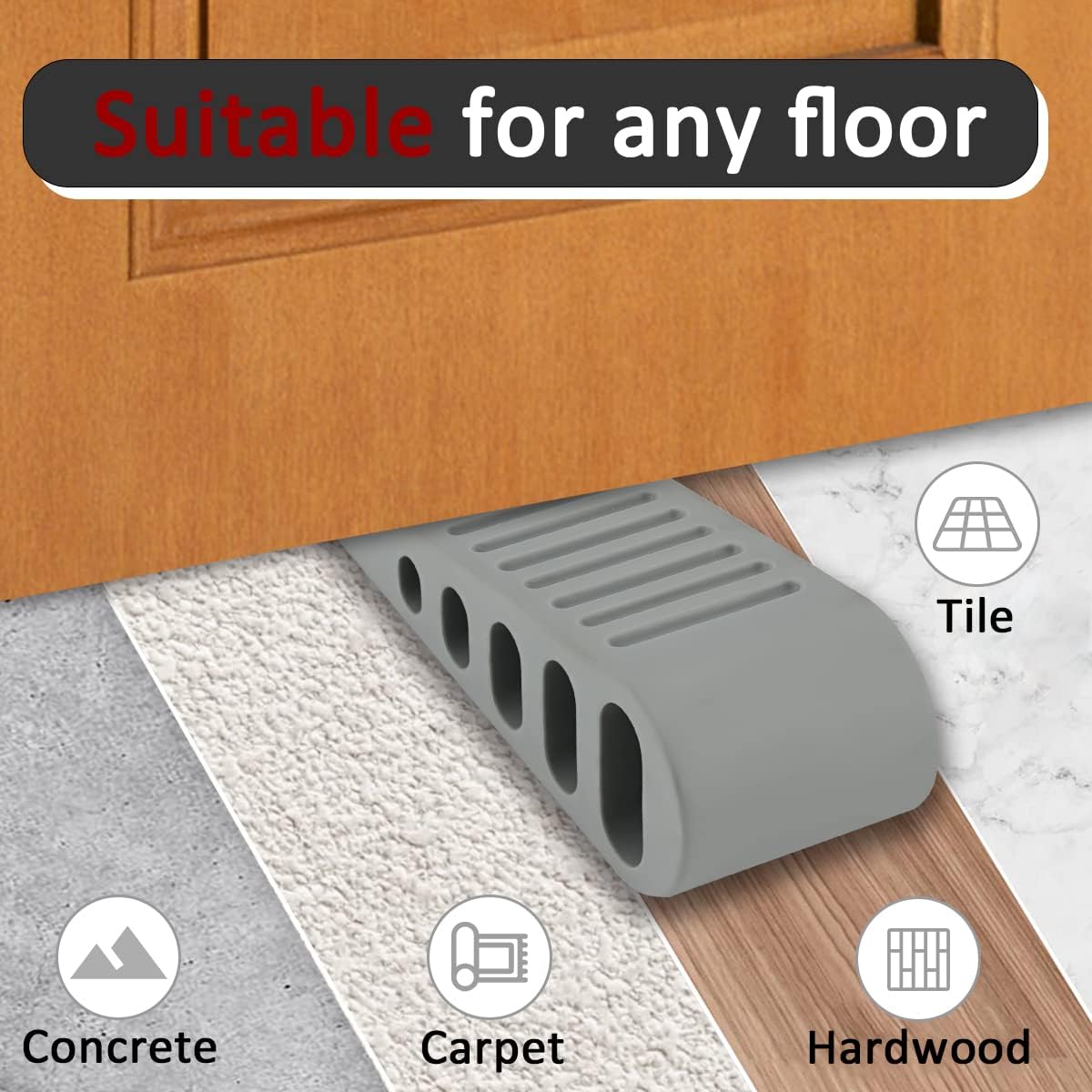 JQK Rubber Door Stopper Wedge, Grey 6 Pack Soft TPR Premium Door Stops for Bottom of Heavy Duty Door on Tile, Concrete, Carpet, Wooden Floor, DSB61-GY-P6