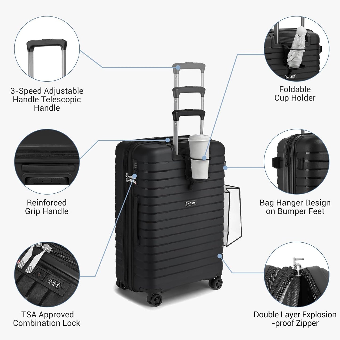 Kono 20 Inch Expandable Carry On Luggage with Spinner Wheels, Durable Hardside Luggage with Hidden Cup Holder, Lightweight Hard Shell Carry On Suitcase Airline Approved with TSA Lock(Black)