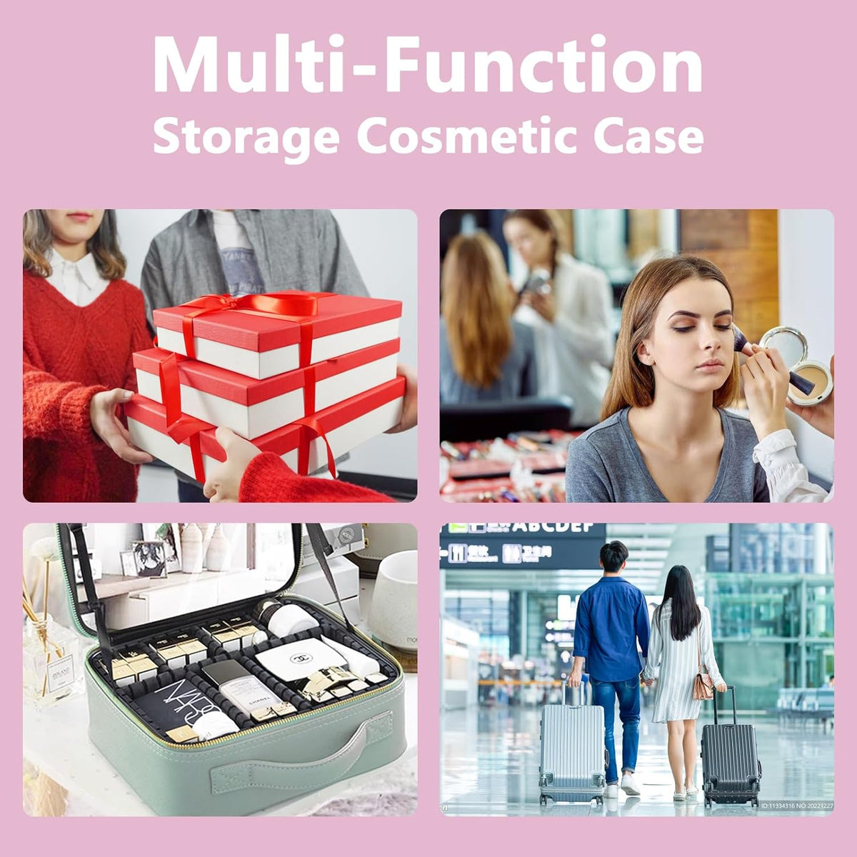 Travel Makeup Bag,with Mirror 3 Color Setting and Detachable 10x Magnifying Mirror Travel Makeup Bag,Portable Storage and Adjustable Dividers（Light Pink）