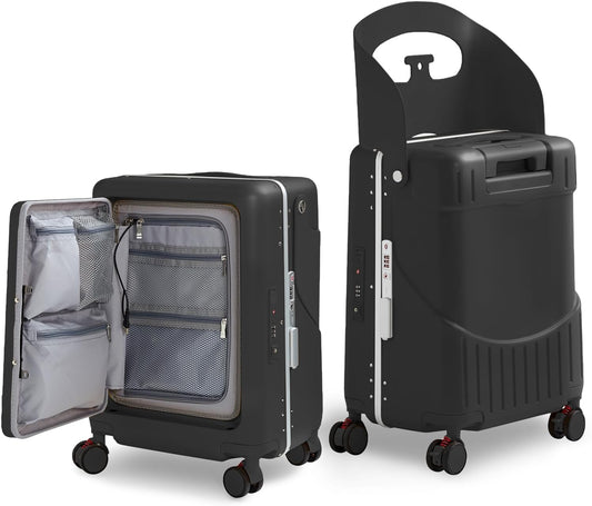 20 Inch Ride on Luggage With Seat For Kids&Adults,with Front Pocket, Foldable Seat Back TSA Approved Lock, 360° Spinner Wheels (20 inch,Black)