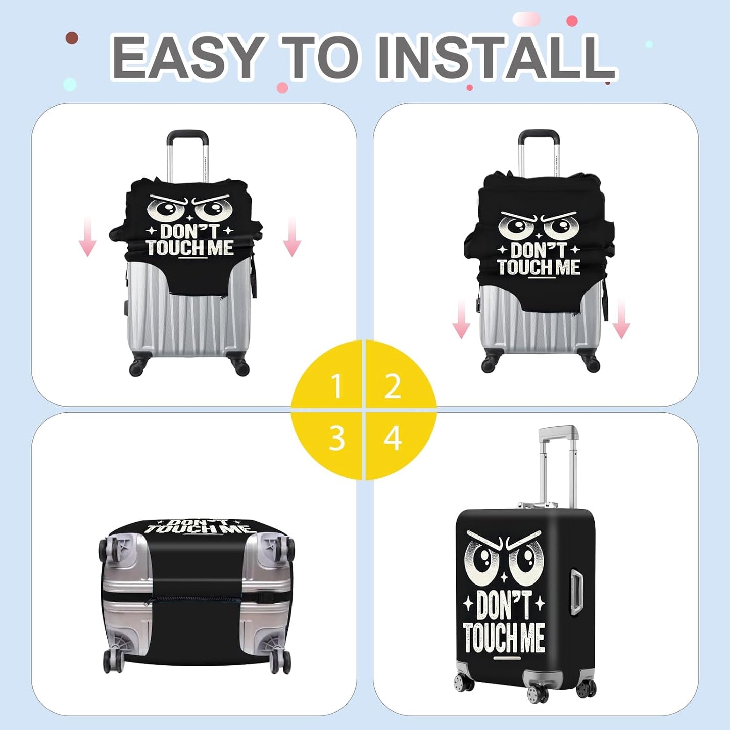 ANNA QUEEN Funny “Don’t Touch Me” Luggage Cover, Bold Black Suitcase Protector with Angry Eyes Design, Stretchable, Washable Travel Cover for 28-30 Inch Luggage