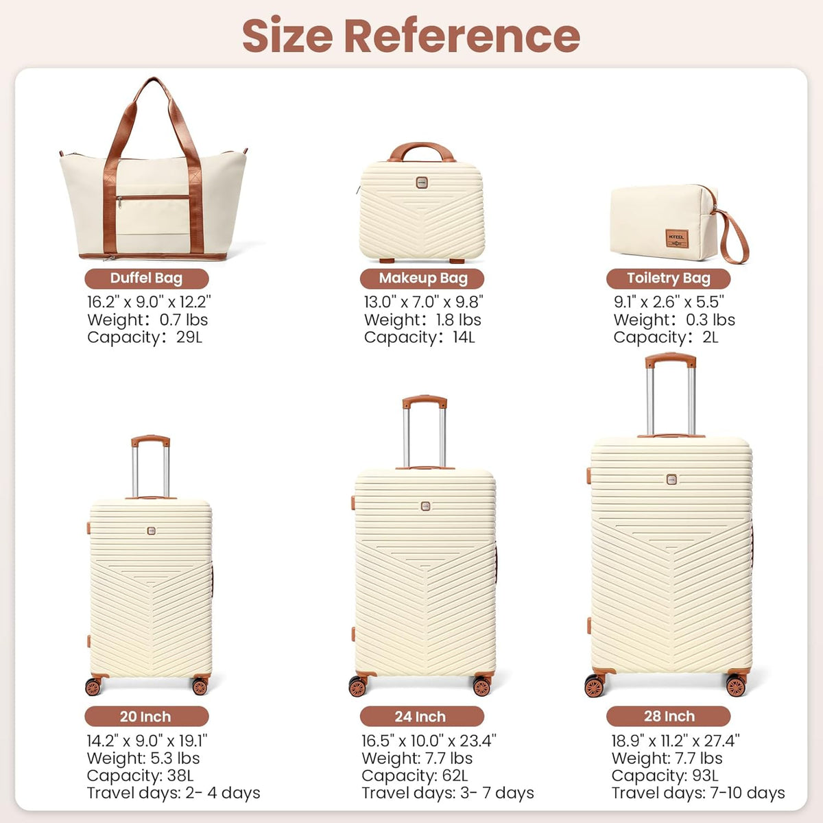 Hoteel 6 Piece Luggage Set (4-YEAR WARRANTY) Carry on ABS+PC Hard Shell Suitcase with Spinner Wheels & TSA Lock (Beige)
