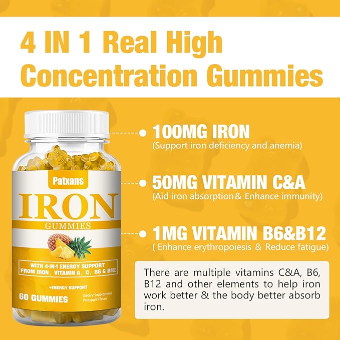 1 Pack 100MG Iron Supplement Gummies for Women & Men - with Vitamin A, C, B - Energy Support for Iron Deficiency, Anemia, Adults ＆ Children, Pineapple Flavor Gummy, 60ct.