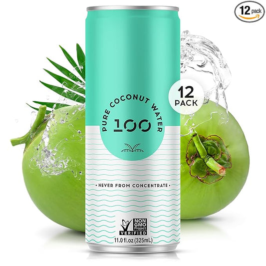 100 Coconuts - 100% Pure Coconut Water - Low Calorie All-Natural Drink with Electrolytes - Naturally Sweet, no preservatives - Non-GMO, 11 fl oz, Pack of 12 (Pure Coconut Water)