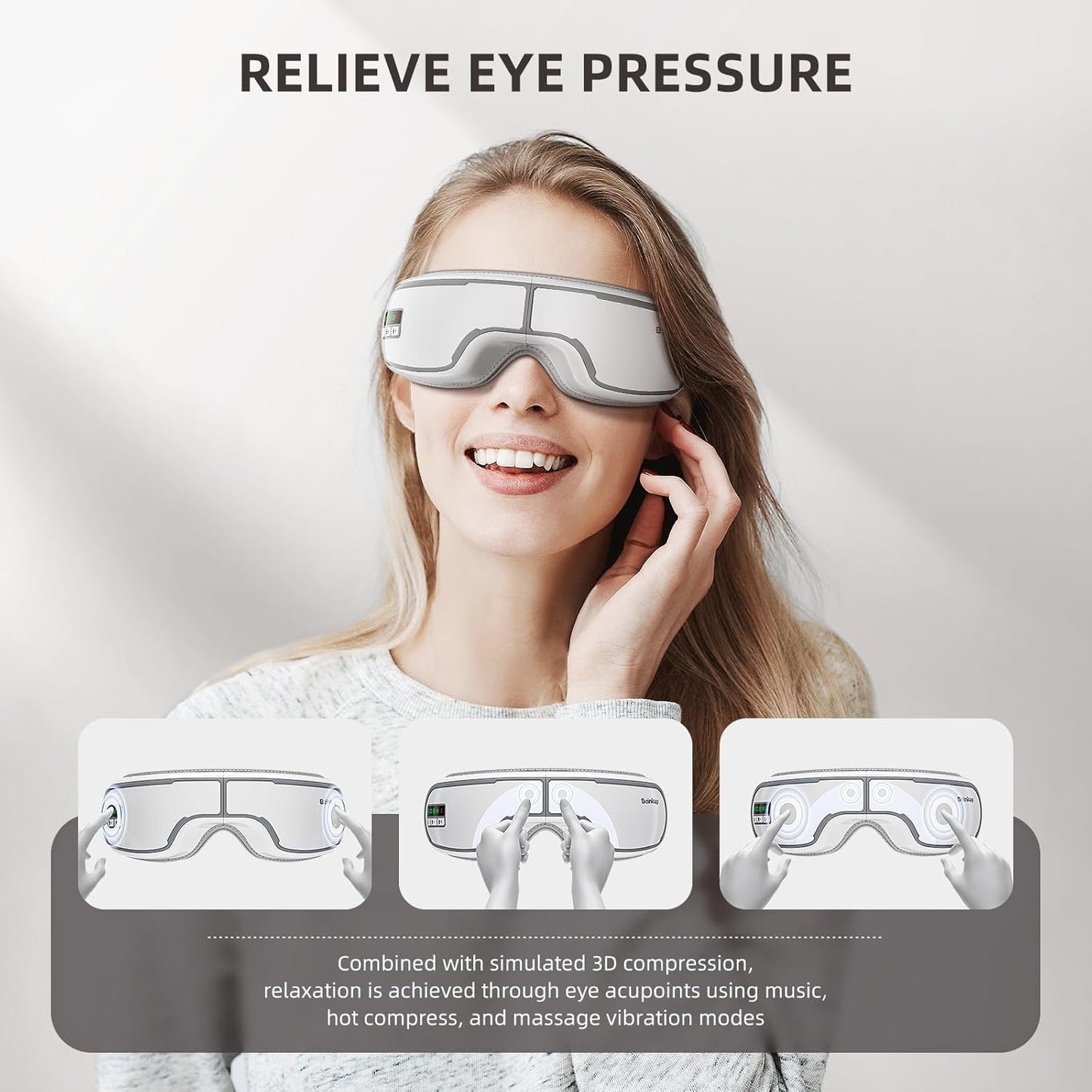 Eye Massager with Heat, Music, Compression, Adjustable Sleep Mask Massage Holiday Birthday Gifts for Women Men, Eye Massager for Migraine Reduce Stye Eye, Eye Strain Relief, Improve Sleep