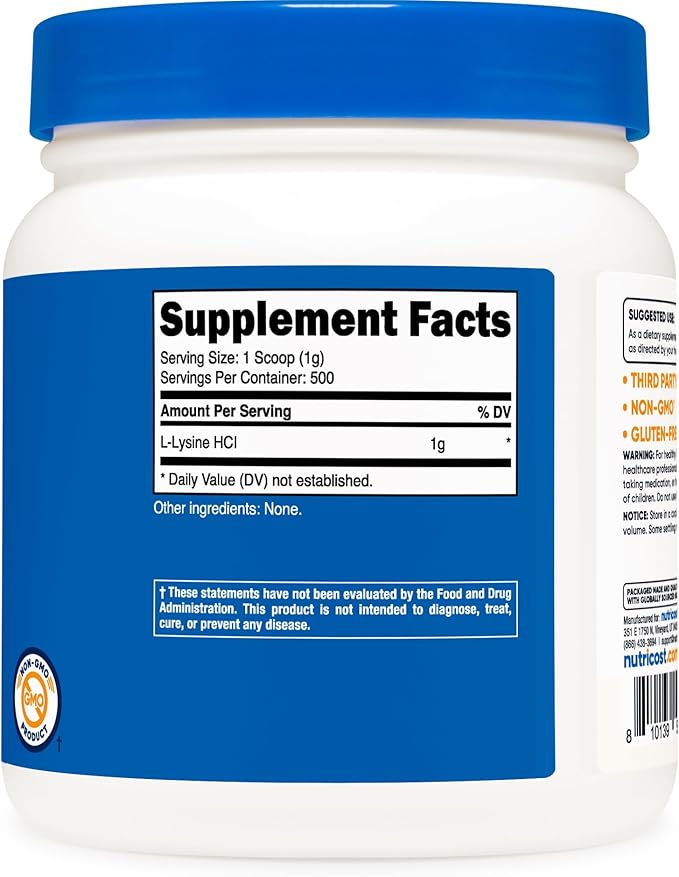 Nutricost L-Lysine Powder 500 Grams - Pure L-Lysine, Non-GMO, Gluten Free