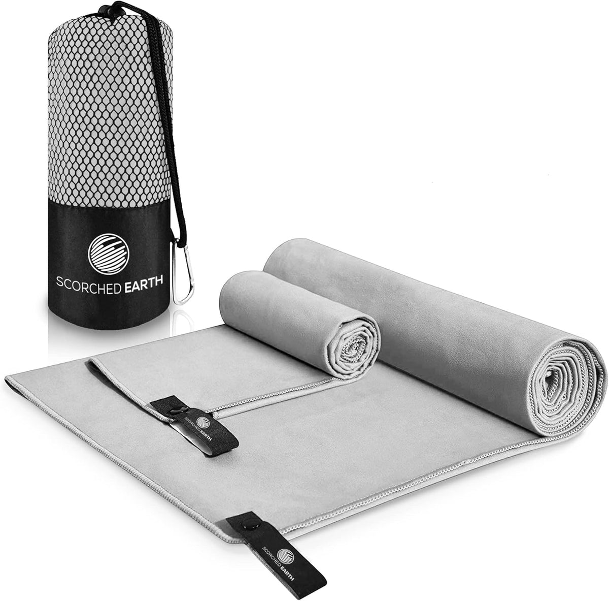 ScorchedEarth Microfiber Travel & Sports Towel Set - Quick Dry, Super Absorbent, Compact, Lightweight - for Camping, Backpacking, Hiking, Beach, Yoga, Swimming - Includes 2 Sizes + Carrying Bag & Clip