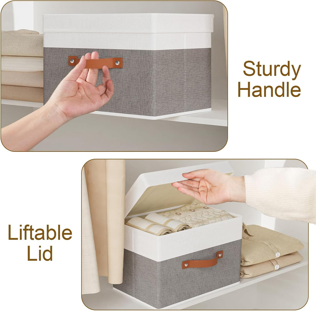 Fabric Storage Boxes with Lids, Linen Foldable Cloth Baskets, 17.7 x 11.8 x 11.8 Inch Closet Organizer Containers with Double Handles, Sweater Bins for Bedroom, White and Grey, 5 Pack